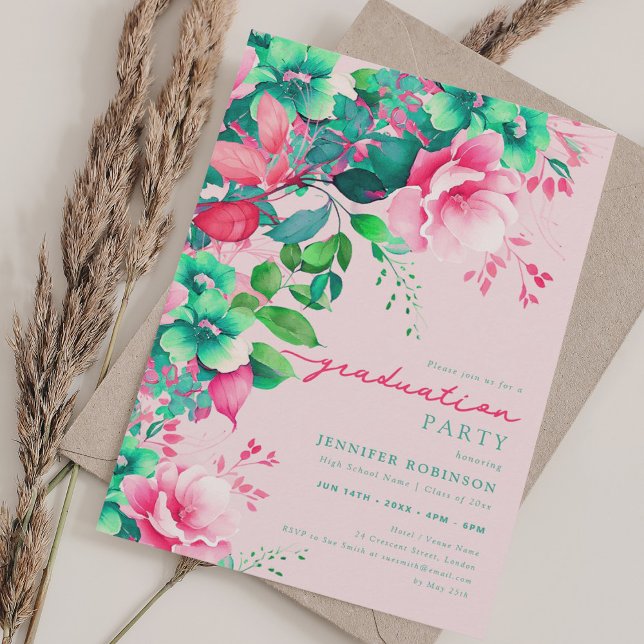 Convites Festa de formatura Floral Chic Summer Garden Blush (Chic Summer Garden Floral Graduation Party Blush Invitation)