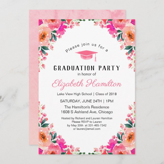 Convites Festa de formatura Floral de Aquarela Brilhante (Frente/Verso)