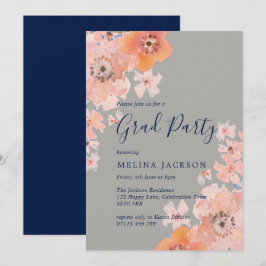 Convites Festa de formatura Floral de Aquarela de Pêssego e