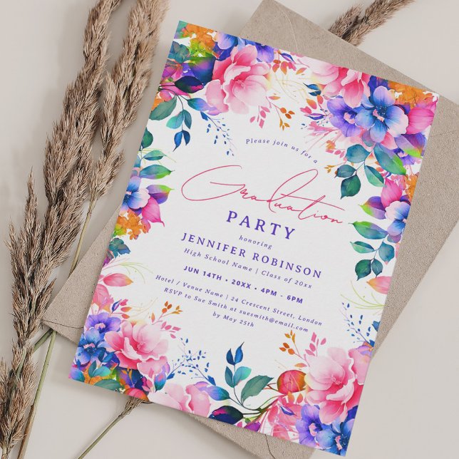 Convites Festa de formatura Floral do Jardim Pintado Brilha (Bright Painted Garden Floral Graduation Party Invitation)