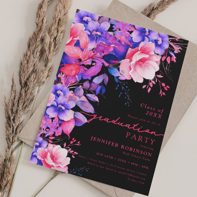 Convites Festa de formatura Floral do Jardim Roxo Preto (Purple Garden Floral Graduation Party Black Invitation)