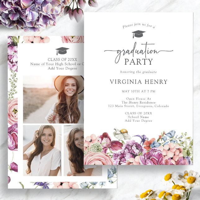 Convites Festa de formatura Floral Elegante (Elegant Floral Watercolor Graduation Party Invitation with Pictures by Painted Paperie
)