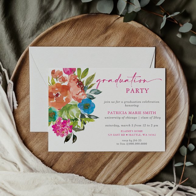 Convites Festa de formatura Floral Laranja Brilhante (Bright Pink Orange Floral Graduation Party Invitation)