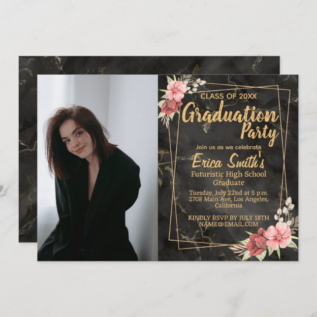 Convites Festa de formatura Floral Preta E Dourada De Fotog (Frente/Verso)
