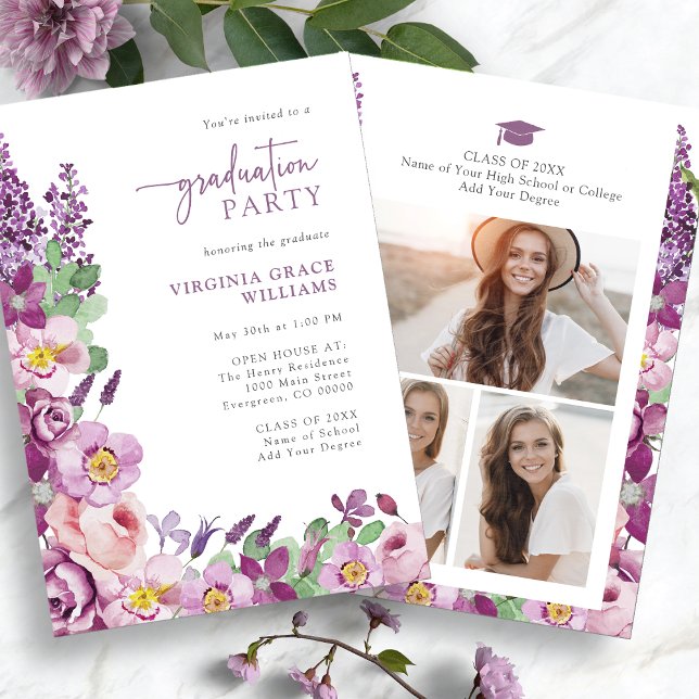 Convites Festa de formatura Floral Puro (Elegant Purple Floral Graduation Party Invitation Photo Collage by Painted Paperie
)