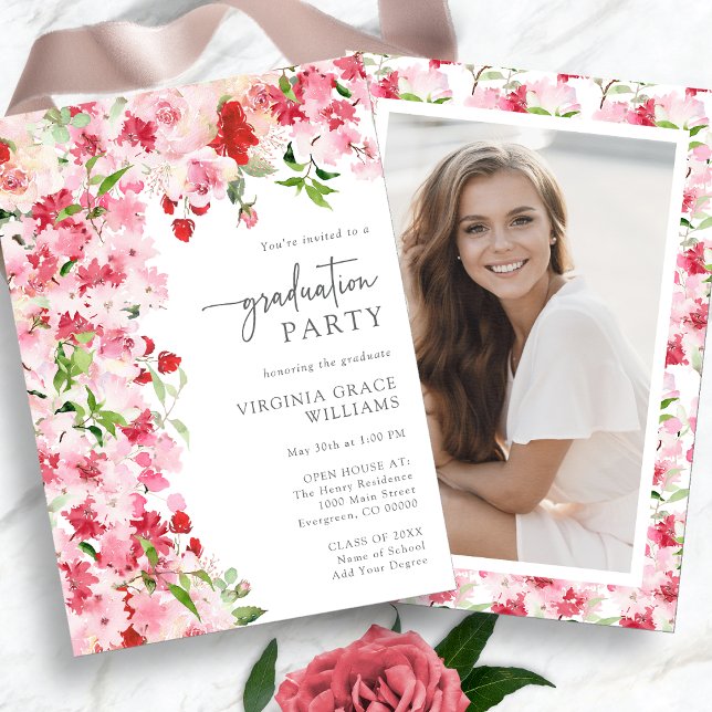 Convites Festa de Formatura Floral Rosa Vermelho (Watercolor Red Pink Floral Photo Graduation Party Invitation by Painted Paperie
)