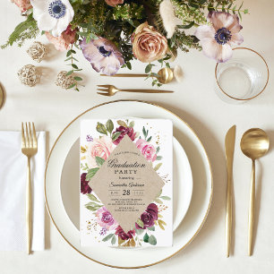 Convites Festa de formatura Floral Rustic Burgundy Kraft