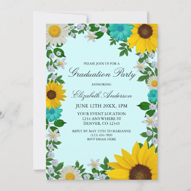 Convites Festa de formatura Floral Rustic Sunflower Daisy (Frente)