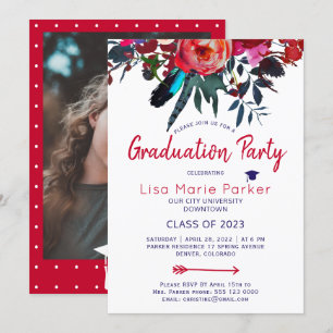 Convites Festa de formatura FOTO do marinho vermelho-boho f