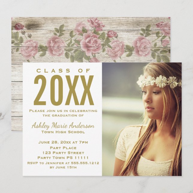 Convites Festa de Formatura Foto Floral em Madeira Rústica  (Frente/Verso)