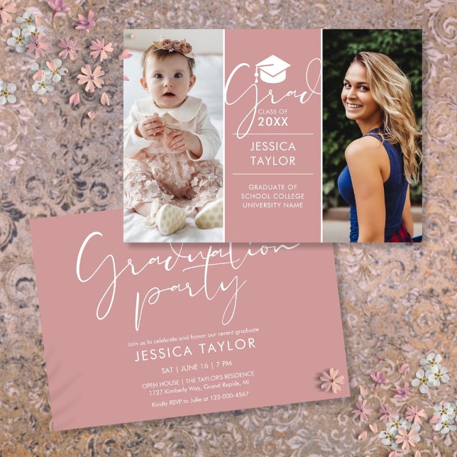 Convites Festa de Formatura Foto Rosa Then And Now 2 (Then And Now 2 Photo Pink Graduation Party Invitation)
