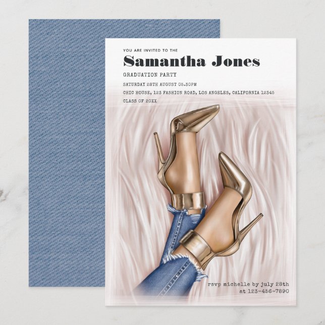 Convites Festa de formatura Glam Chic Fashion Denim (Frente/Verso)