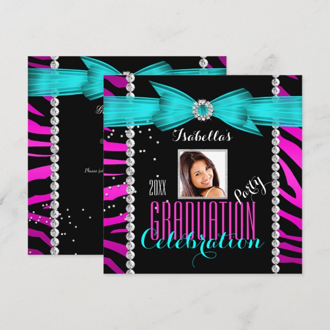 Convites Festa de Formatura Grad Rosa Azul Turquesa Zebra F (Frente/Verso)