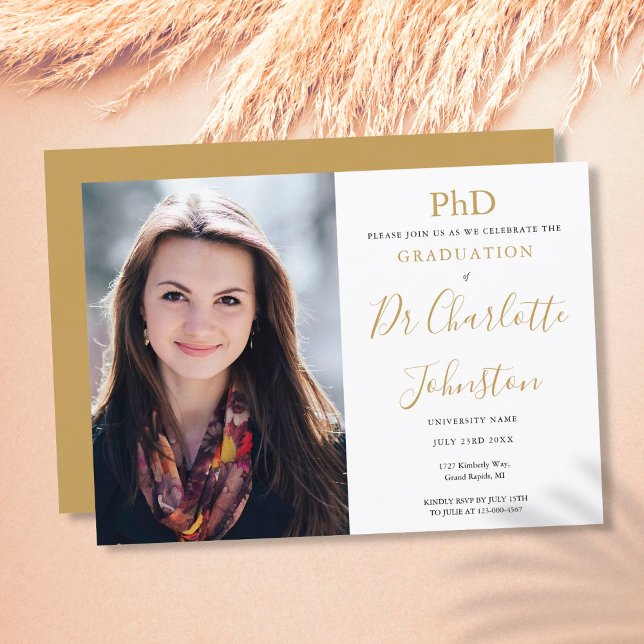 Convites Festa de Formatura Grau de Doutorado Script Dourad (PhD Degree Gold Script Graduation Party Photo Invitation)