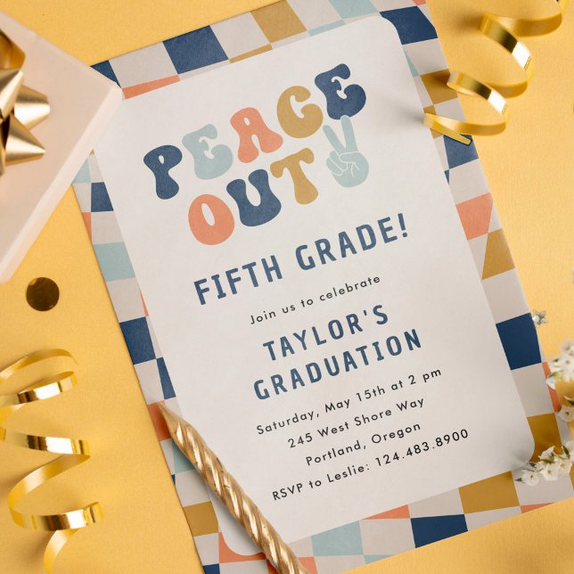 Convites Festa de formatura Groovy Grau 5 da Paz (peace out fifth grade graduation party invite)