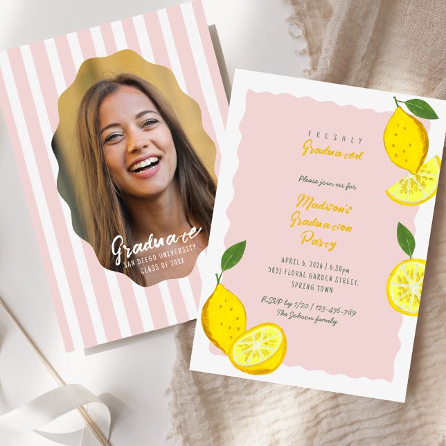 Convites Festa de Formatura Limão Rosa Cítrico (Lemon Graduation Party Pink Citrus Invitation)