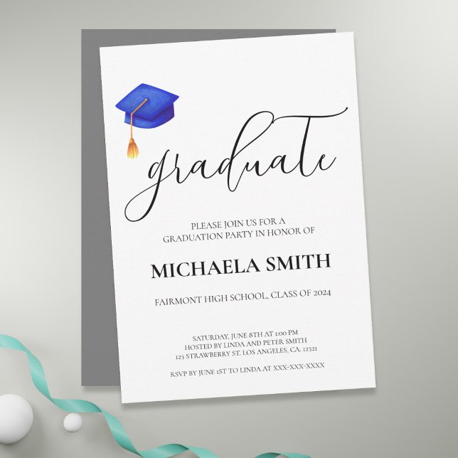 Convites Festa de formatura Marinho azul Segundo grau Boné  (Modern Navy Blue Cap High School Graduation Party Invitation)