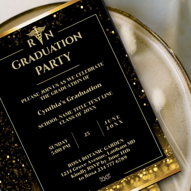 Convites Festa de formatura Médica Dourada e Preta Elegante (Elegant Black & Gold Medical Graduation Party Invitation #goldinvitation #graduationgold #luxuryinvi)