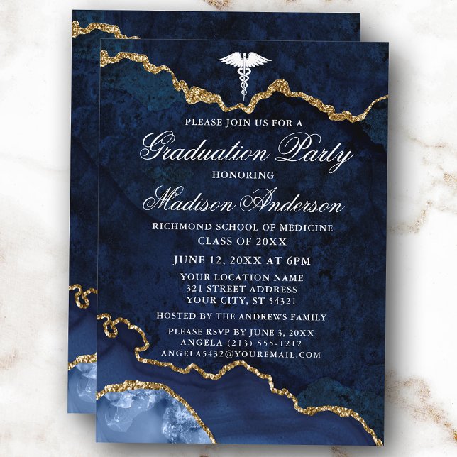 Convites Festa de formatura Médica Marble Azul-Cria (Customize to change text size, style or to add more text or photos to back of card.)