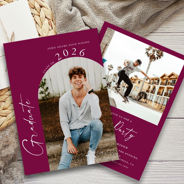Convites Festa de formatura Mínima Moderna de Foto Maroon (Criador carregado)