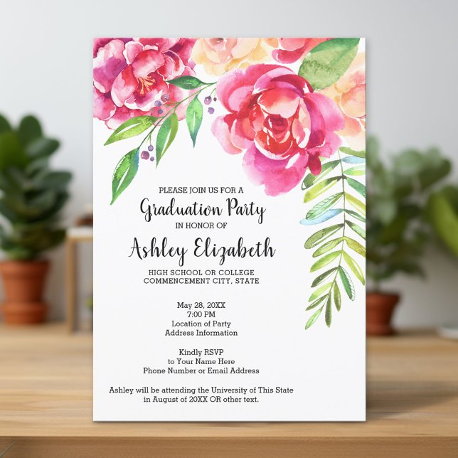 Convites Festa de formatura Moderna de Aquarela Floral (Custom Graduation Announcement and Invitation)