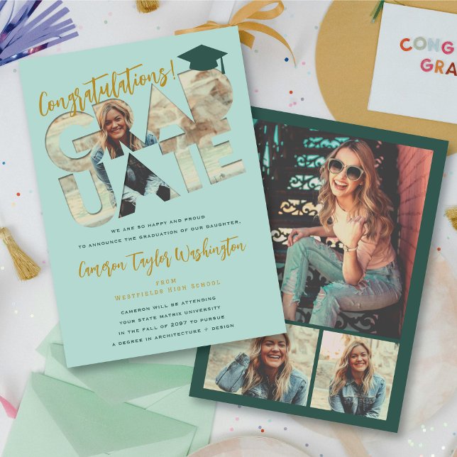 Convites Festa de formatura Moderna de Fotografia de Recort (Cool Mint Green Congratulations Graduate Cutout Photo Modern Graduation Card @ fatfatin)