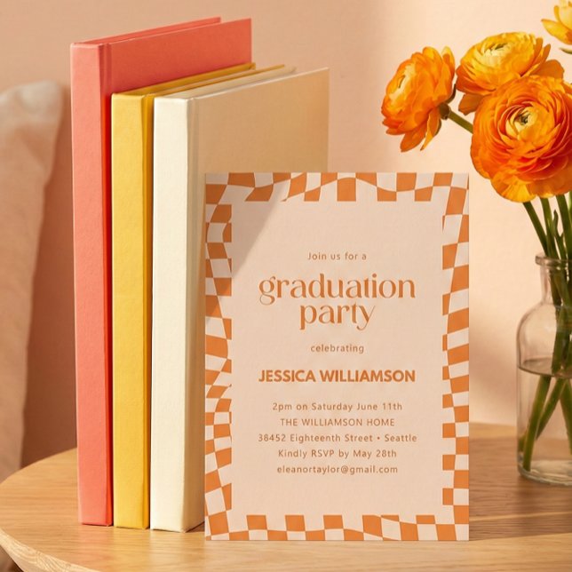 Convites Festa de Formatura Moderna Orange Checker 2026 (Criador carregado)