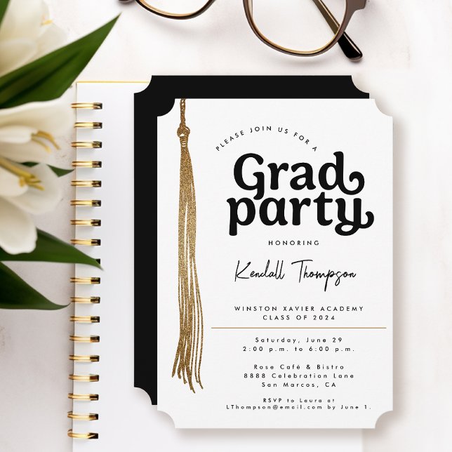 Convites Festa de formatura moderna simples (Grad party gold, black and white simple and elegant invite)