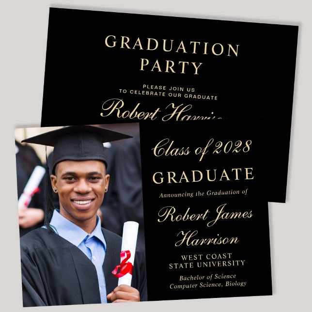 Convites Festa de formatura Negra da Faculdade de Fotos Ele (An elegant college graduation party invitation to celebrate the graduate's achievements)