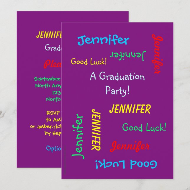 Convites Festa de formatura, Nome Personalizado, Roxo (Frente/Verso)