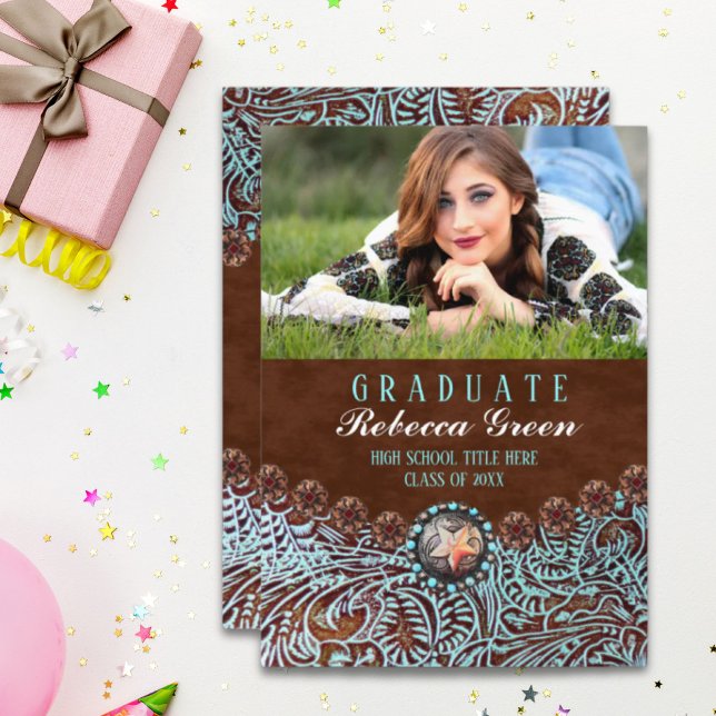 Convites festa de formatura ocidental de couro castanho-tur (turquoise brown leather western graduation party invitation)