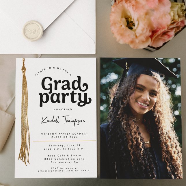 Convites Festa de formatura personalizada simples (SImple, Grad Party custom photo with gold tassle invitation)