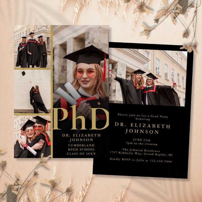Convites Festa de formatura PhD De Colagem De Fotos Preta E (Black And Gold Photo Collage PhD Graduation Party Invitation)