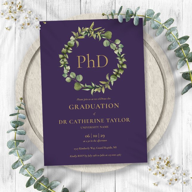 Convites Festa de formatura PhD Graus Púrpura (PhD Degree Purple Garland Graduation Party Invitation)