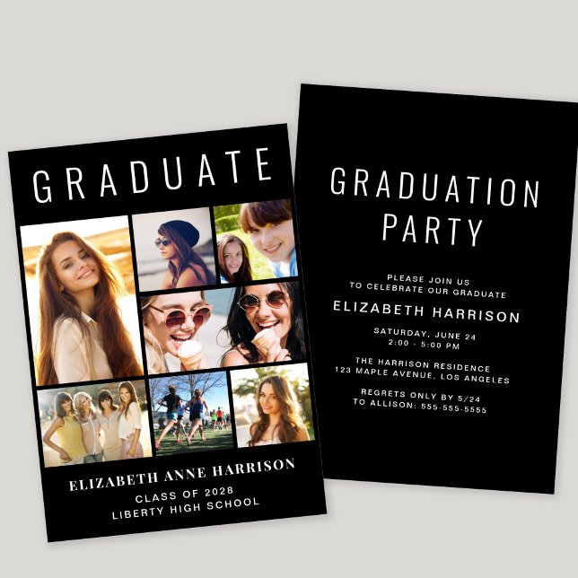 Convites Festa de formatura Preta de Colagem de Fotos Moder (A modern photo collage graduation party invitation to celebrate the graduate's achievements)