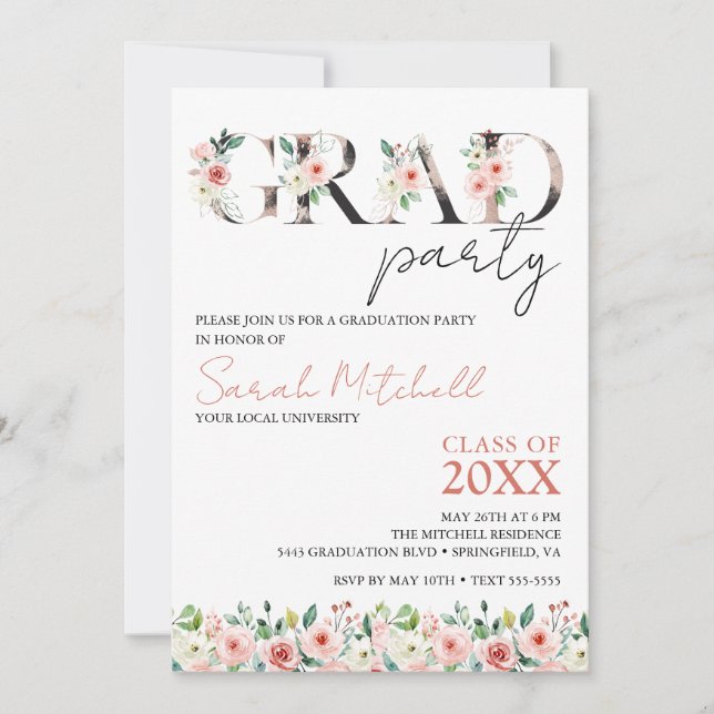 Convites Festa de formatura Preta, Dourada e Floral (Frente)