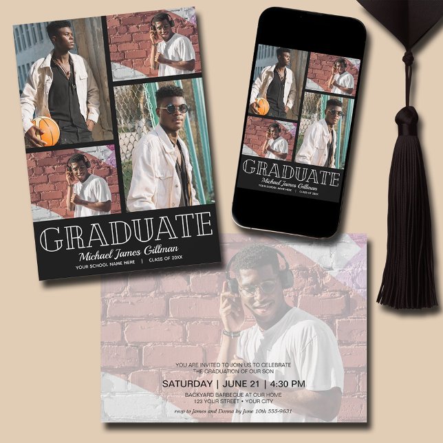 Convites Festa de formatura Preta Multifotográfica (Multi Photo Black Graduation Party Invitations - PRINTED and/or INSTANT DOWNLOAD)