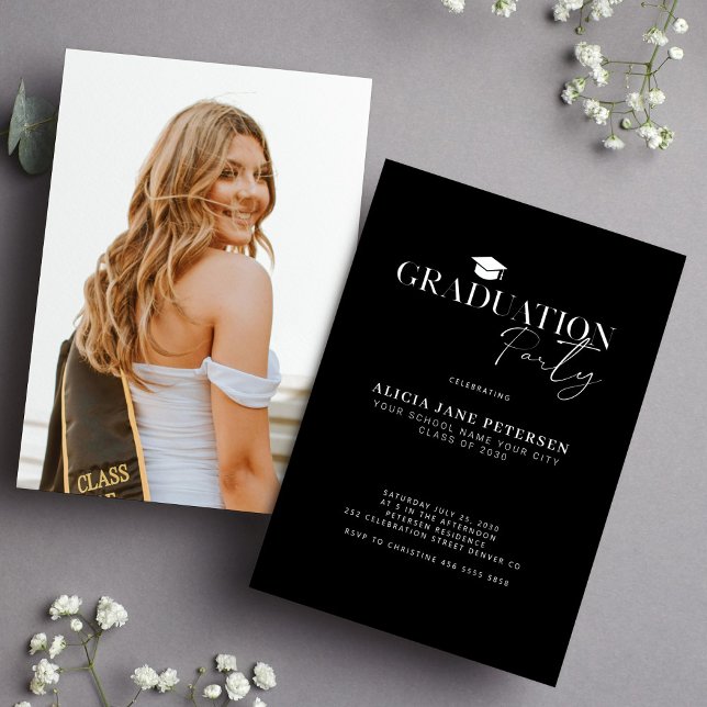 Convites Festa de formatura preta simples de fotos com scri (Criador carregado)