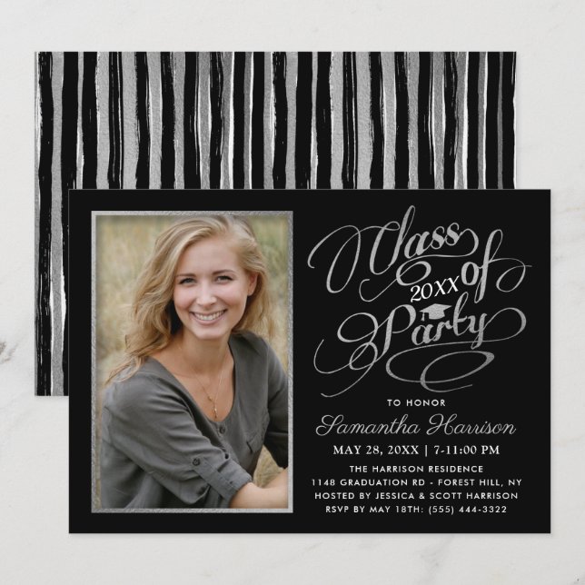 Convites Festa de formatura preto, branco e prata da Tendên (Frente/Verso)