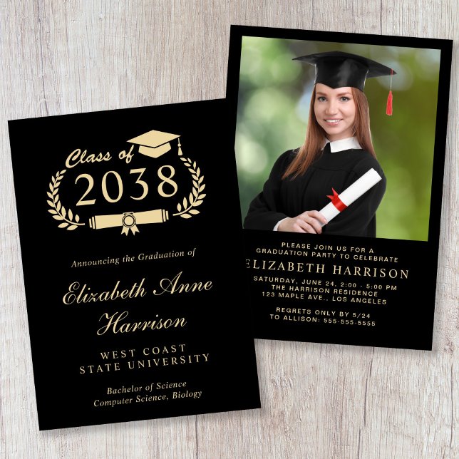 Convites Festa de Formatura Preto e Dourado Elegante com Ró (Elegant Photo Gold Script Black Graduation Party Invitation)