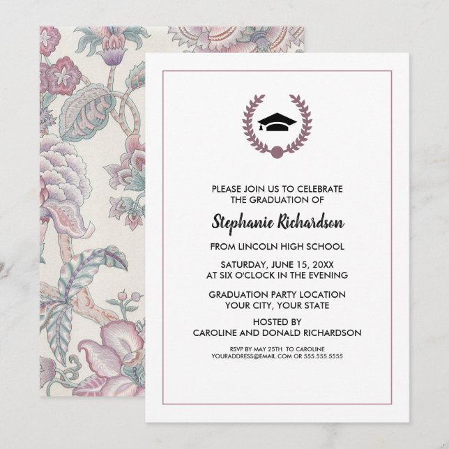 Convites Festa de formatura Púrpura de Padrão Floral (Frente/Verso)
