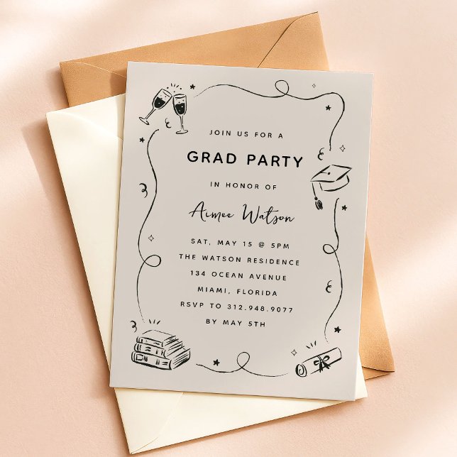 Convites Festa de Formatura Rabiscos Desenhados à Mão (whimsical scribble doodles graduation party invitation)
