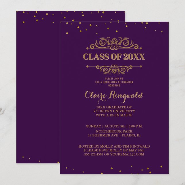 Convites Festa de formatura Real Elegante Dourada 2018 (Frente/Verso)