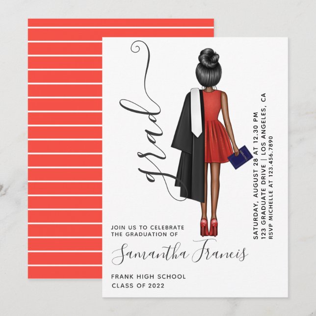 Convites Festa de formatura Red and White Girl (Frente/Verso)