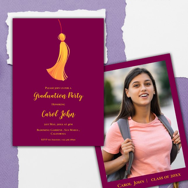 Convites Festa de formatura Red Dourada Tassel Cute 2025 (Red Gold Tassel Cute Photo 2025 Graduation Party Invitation)