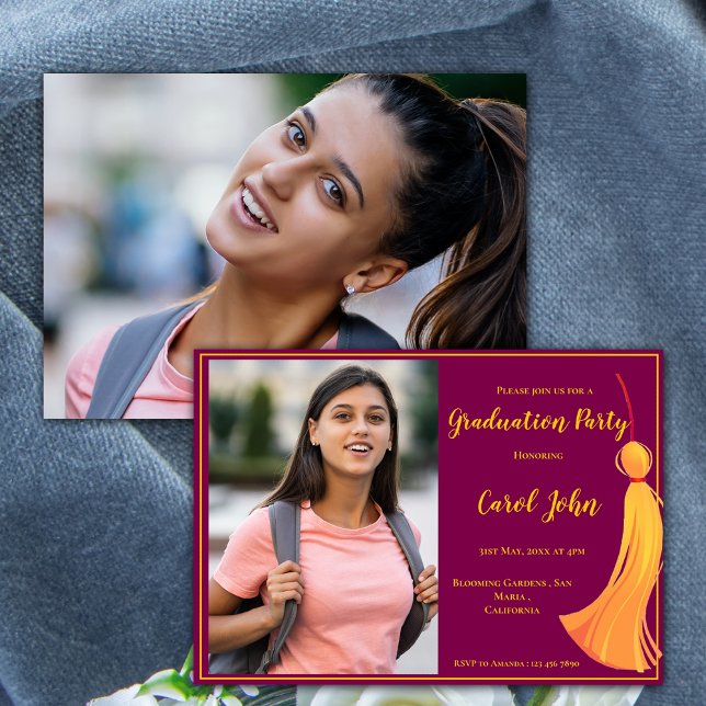 Convites Festa de formatura Red Dourado Tassel Elegant 2025 (Red Gold Tassel Elegant 2025 Graduation Party Invitation)