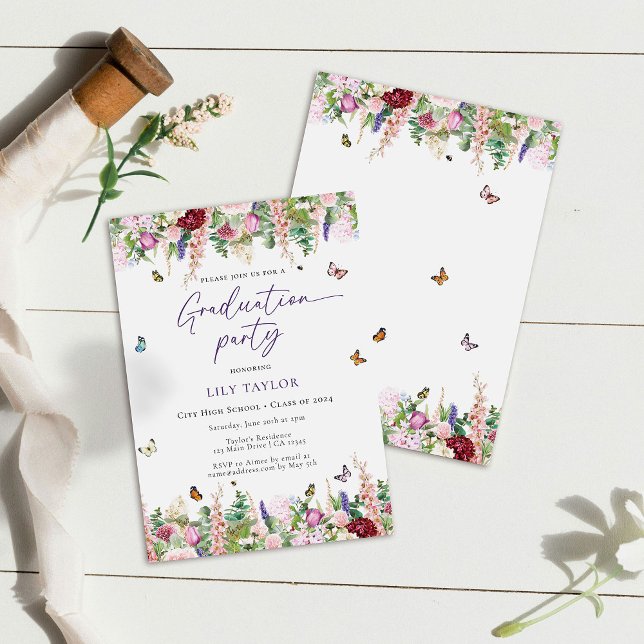 Convites Festa de formatura Romântica Púrpura Floral (Criador carregado)