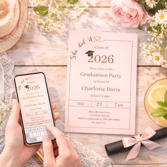 Convites Festa de formatura rosa bege Ela conseguiu (Criador carregado)