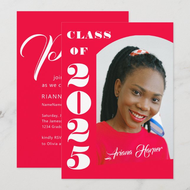 Convites Festa de formatura rosa com script branco de tendê (Frente/Verso)