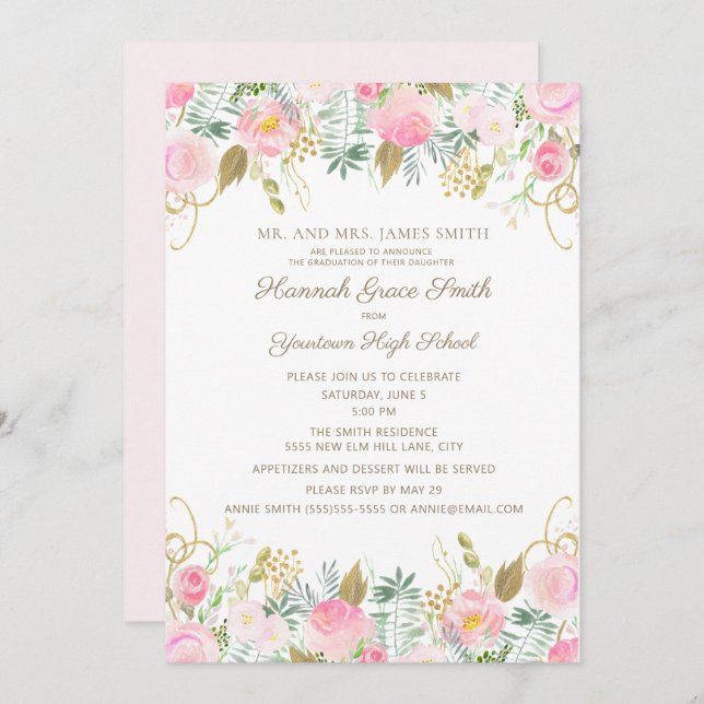 Convites Festa de formatura Rosa Dourada Floral Girls (Frente/Verso)
